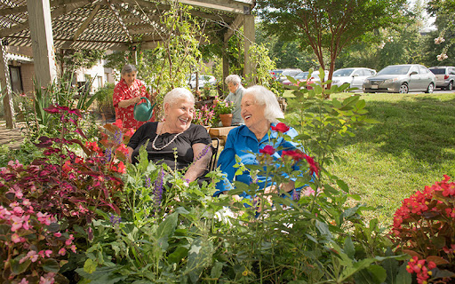A group of older women sitting in a garden.